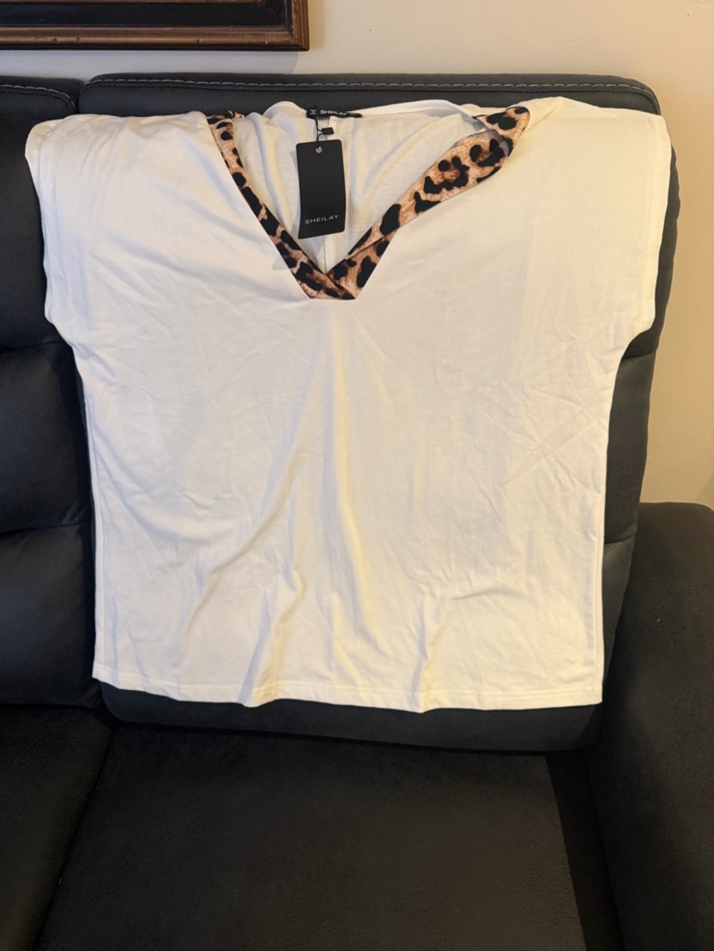 White V-Neck Top with Leopard Trim